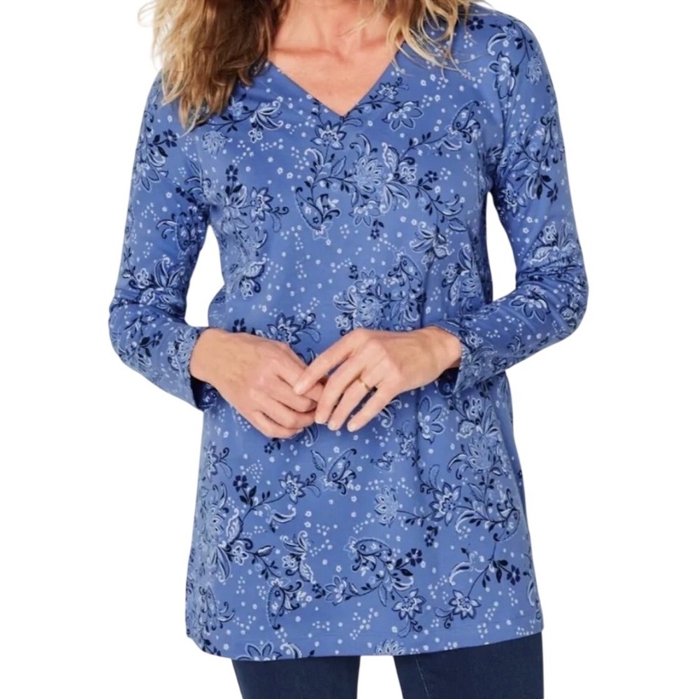J. Jill Simply Supima V-Neck Tunic Cobalt Blue Paisley Cotton Top Small S